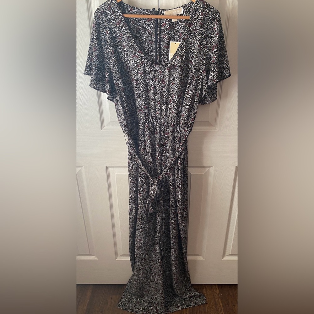 MICHAEL Michael Kors Black/Maroon Abstract Floral V-Neck Wide Leg Jumpsuit SZXXL